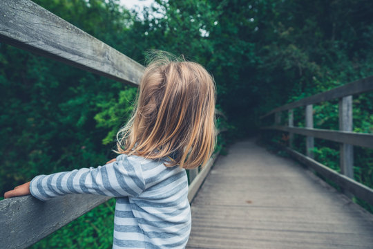 Preschooler standing on bridge in the woods