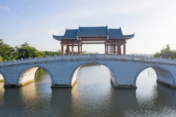 Traditional arch bridge of Huayang Lake Wetland Park in Dongguan, China
