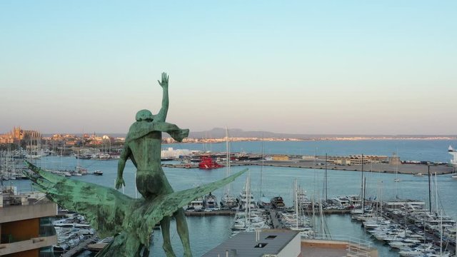 flying over the port in the center of Palma de Mallorca Spain