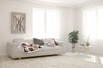 White living room with sofa. Scandinavian interior design. 3D illustration
