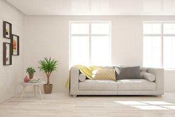 White living room with sofa. Scandinavian interior design. 3D illustration