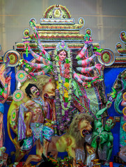 Close up view of Maa Durga's Face during Durga Puja .Durga Puja or Durgotsava,is an annual Hindu festival celebrated mainly in West Bengal,India.