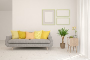 White living room with sofa. Scandinavian interior design. 3D illustration