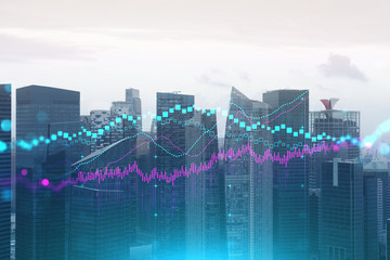Forex and stock market chart hologram over panorama city view of Singapore, the financial center in Asia. The concept of international trading. Double exposure.