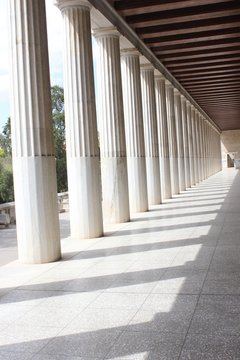 Corridor of the main floor of the Stoa of Attallos monument in Athens, Greece