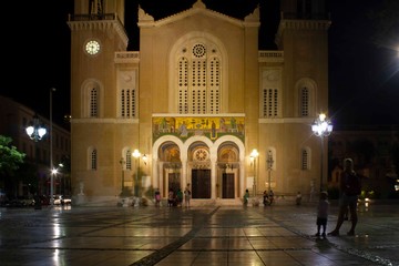 Night view of Mitropolis square in Athens, with Annunciation cathedral