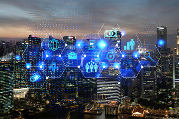 Hologram of Research and Development glowing icons. Sunset panoramic city view of Singapore. Concept of innovative technologies to create new services and products in Asia.