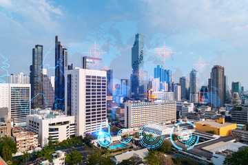 Fototapeta premium World planet Earth map hologram over panorama city view of Bangkok, Asia. The concept of international connections and business. Multi Exposure.