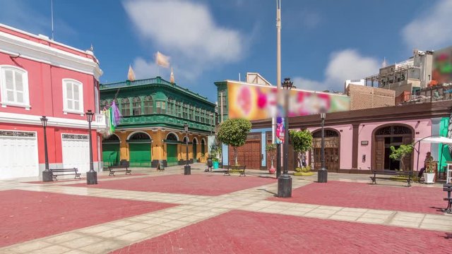 Monumental Callao is one of the new fashion areas near Lima timelapse hyperlapse. Street with colorful houses and restaurants. Lima Peru.