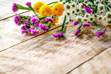 Fototapeta na wymiar Spring flowers on wooden board