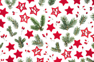 Christmas Arrengement With Red Stars And Pine Green Twigs On White Background - 374149473
