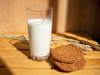 
Oatmeal cookies, a glass of milk, ears of wheat on the table on a sunny day