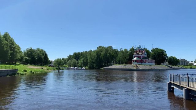 Stunning view of Uglich town at Volga river, Russia. Uglich is a part of Golden Ring