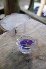 투명 유리잔에 담긴 보라색 꽃잎차