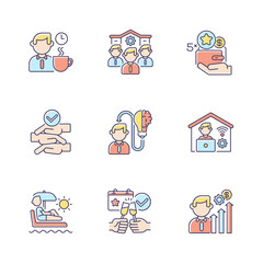 Company employment benefits RGB color icons set. Healthy working conditions, career opportunities, bonuses. Professional occupation. Isolated vector illustrations