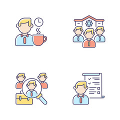 Recruitment RGB color icons set. Company personnel, coffee break, headhunting and professional demands. Job application, hiring. Isolated vector illustrations