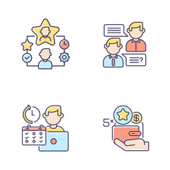 Working benefits RGB color icons set. Professional communication, flexible schedule, best employees rewards and bonus programs. Isolated vector illustrations