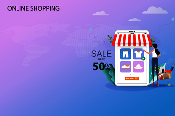 Concept of online shopping, young woman is standing in front of a big smartphone that the display contain discount rate and list of products to order a new shirt.
