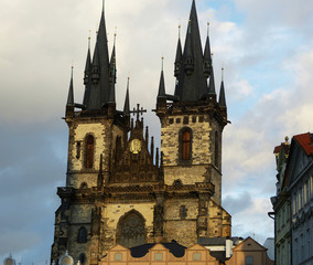 Fototapeta premium Church of our Lady before Tyn in Prague. Clear evening sunny scenery.