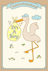 It's A Boy Stork Special Delivery. Baby Shower Announcement Card. Vector Illustration. - 374151606
