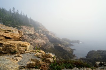 Coastal New England Shoreline with Fog and Clouds