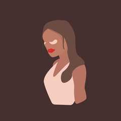 The use of eye patches. A stylish girl with long brown hair tanned skin and eye patches