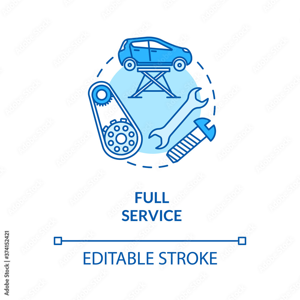 Poster full service concept icon. end-to-end service work and in-depth automobile diagnostic idea thin line
