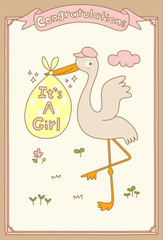 It's A Girl Stork Special Delivery. Baby Shower Announcement Card. Vector Illustration. - 374152458