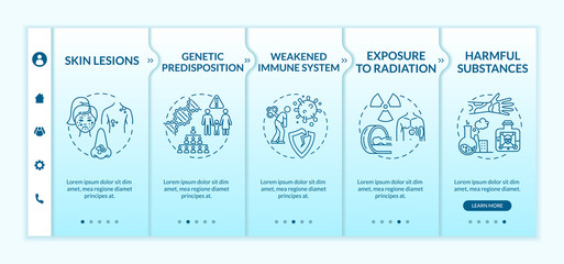 Skin cancer risk factors onboarding vector template. Genetic susceptibility. Harmful substances. Responsive mobile website with icons. Webpage walkthrough step screens. RGB color concept