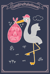 It's A Girl Stork Special Delivery. Baby Shower Announcement Card. Vector Illustration. - 374152683