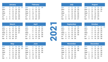 Vector Years 2021 Pocket Calendar, One Page Calendar 2021 Design template, Set of 12 months. Week starts on Sunday. white background