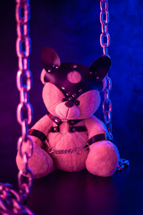 toy bear dressed in leather belts harness accessory for BDSM games on a dark background in neon...