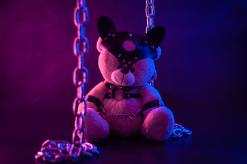 toy bear dressed in leather belts harness accessory for BDSM games on a dark background in neon...