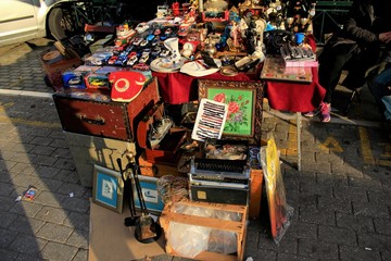 Stalls with vintage second hand items at the flea market of Monastiraki in Athens, Greece, December...