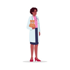 Pediatrician semi flat RGB color vector illustration. Children care doctor. Medical staff. Young african american woman working as pediatrician isolated cartoon character on white background