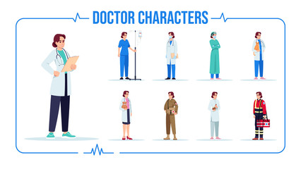 Caucasian doctor semi flat RGB color vector illustration set. General practitioner. Female baby doctor. Nurse with intravenous pole. Isolated cartoon one character on white background pack