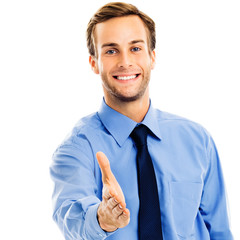Businessman giving hand for handshake, isolated over white background. Success in business, wellcome concept. Studio portrait of young man in blue confident clothing. Square composition picture.