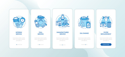 Car service onboarding mobile app page screen with concepts. Interim inspection, oil, filter replacement walkthrough 5 steps graphic instructions. UI vector template with RGB color illustrations