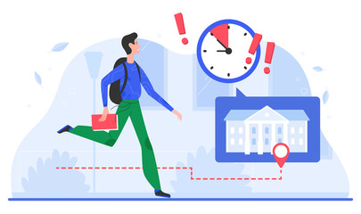 Time management, deadline concept vector illustration. Cartoon flat busy man character with timer clock and exclamation point running fast in rush hour, hurry in deadline work stress isolated on white
