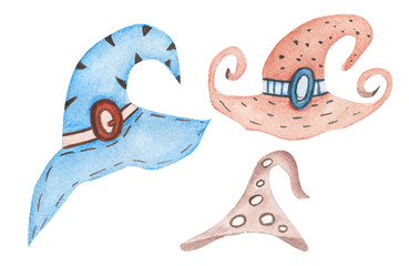 Watercolor Party Hats illustration, fantasy colorful Halloween elements set isolated on white background