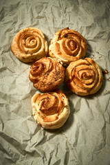 Fresh sweet homemade buns, homemade baked goods.