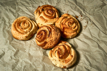 Fresh sweet homemade buns, homemade baked goods.