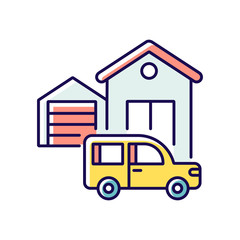 Garage building RGB color icon. Car storage. Home improvements and maintenance. Transport and housing. House facade with modern residential garage and car. Isolated vector illustration