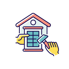 Windows constructing RGB color icon. Window installer. Construction process. Plastic exterior glasses installation and replacement. Repair works. Home maintenance. Isolated vector illustration
