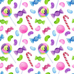 Watercolor sweets isolated on white background. Festive seamless pattern with hand painted lollypop, caramel and candies. Colorful wrapping paper print. Funny fabric design. Birthday party decor 