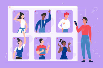 People in online communication vector illustration. Cartoon flat man woman group of characters communicate together, using mobile video call chat app, internet meeting digital technology background