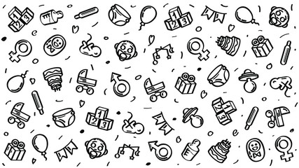 Abstract Doodle Elements. Hand Drawn Birthday Sketch Style Collection Vector Design Background. Child, Balloon, Cake, Ribbon, Diapers Cartoon Icon Illustration