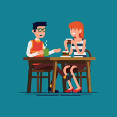 Couple having coffee date. Flat design vector concept on young adult man and woman enjoying their first date conversation. Guy and girl together drinking hot beverages