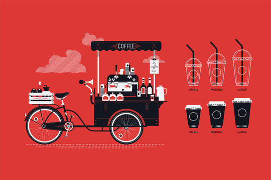 Cool Vector Coffee Bicycle Cart And Different Sizes Takeaway Cups For Cold And Hot Coffee Based Beverages