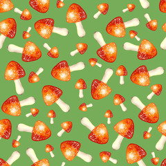 Seamless watercolor pattern with fly agaric mushrooms